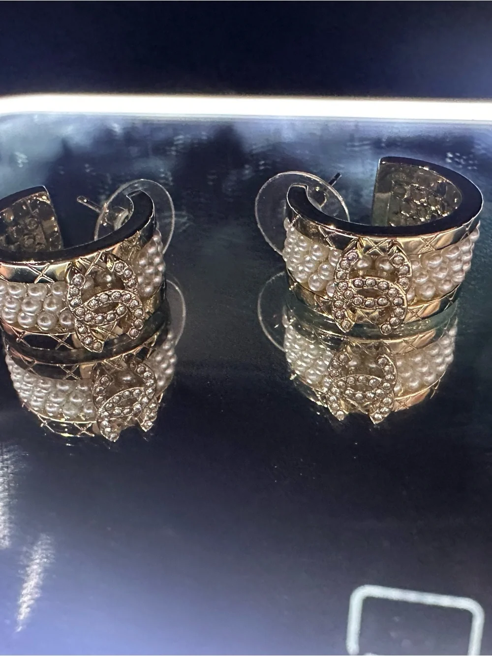 Gold-Tone Hoop Earrings with Pearls and Crystal CC Logo
